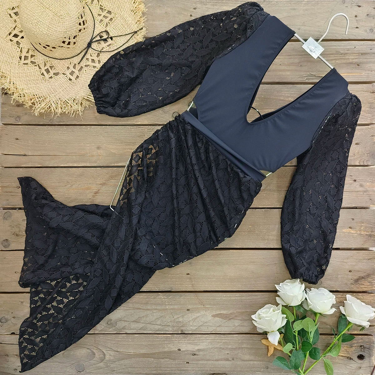 Long Sleeve Deep V One Piece Swimsuit Set