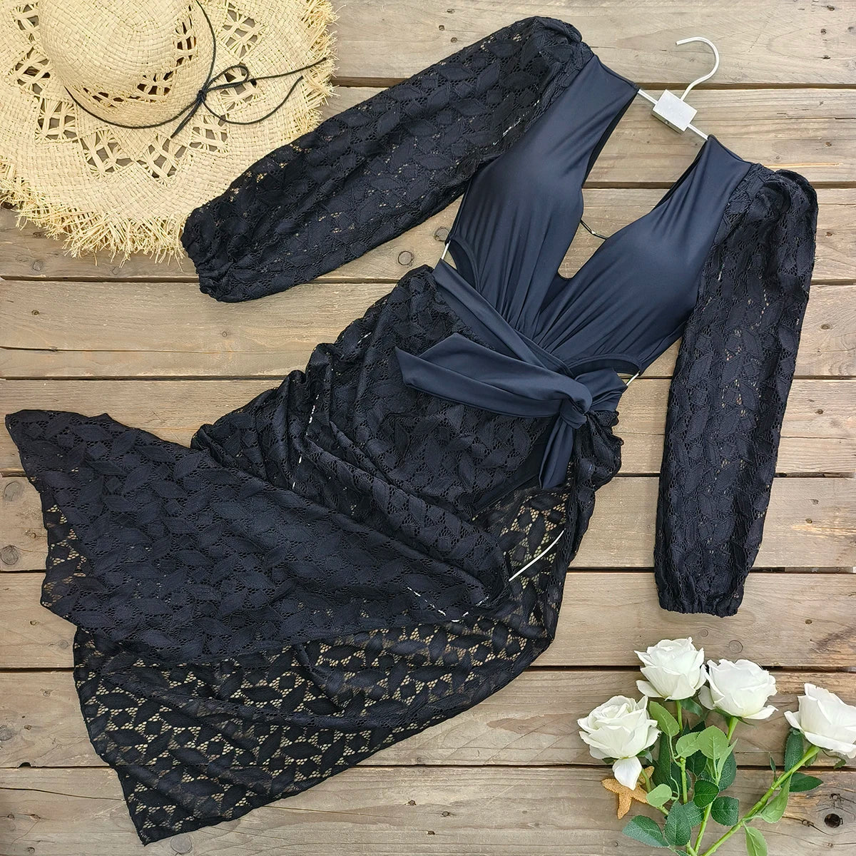 Long Sleeve Deep V One Piece Swimsuit Set