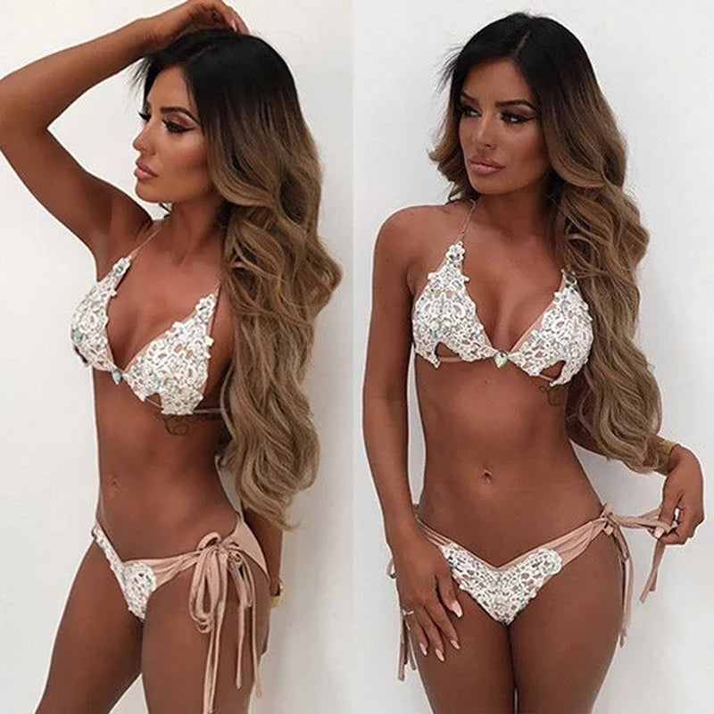 Lace Rhinestone Push Up Bikini Set